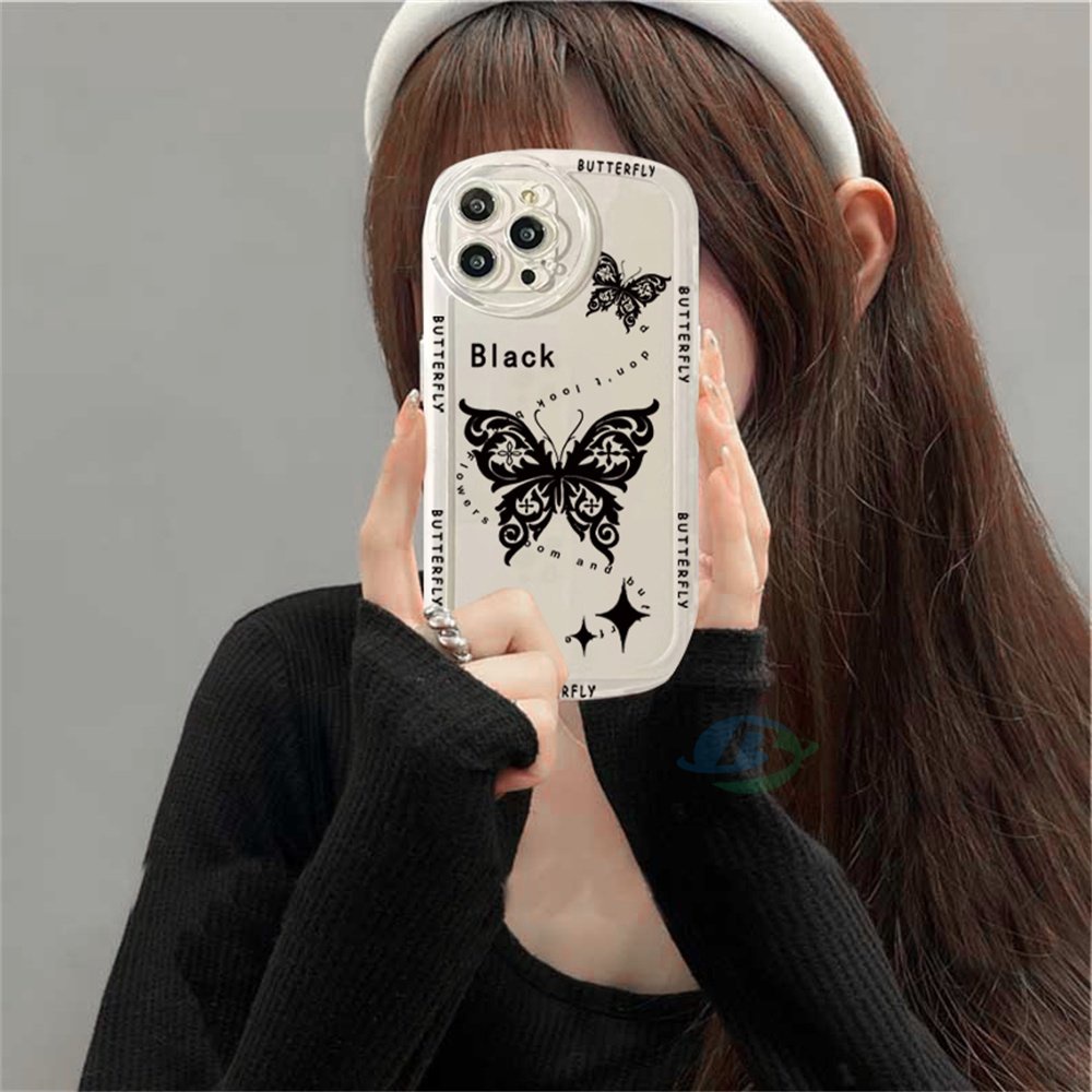 IPHONE Iphone14plus 14 Pro Max12 12PRO 11PRO MAX IPhone11 ProMax X XR XS Max6 6S 7 8 Plus SE 2020 Kupu-Kupu Gelap Dan Garland Butterfly Soft TPU Phone Case Binteacase