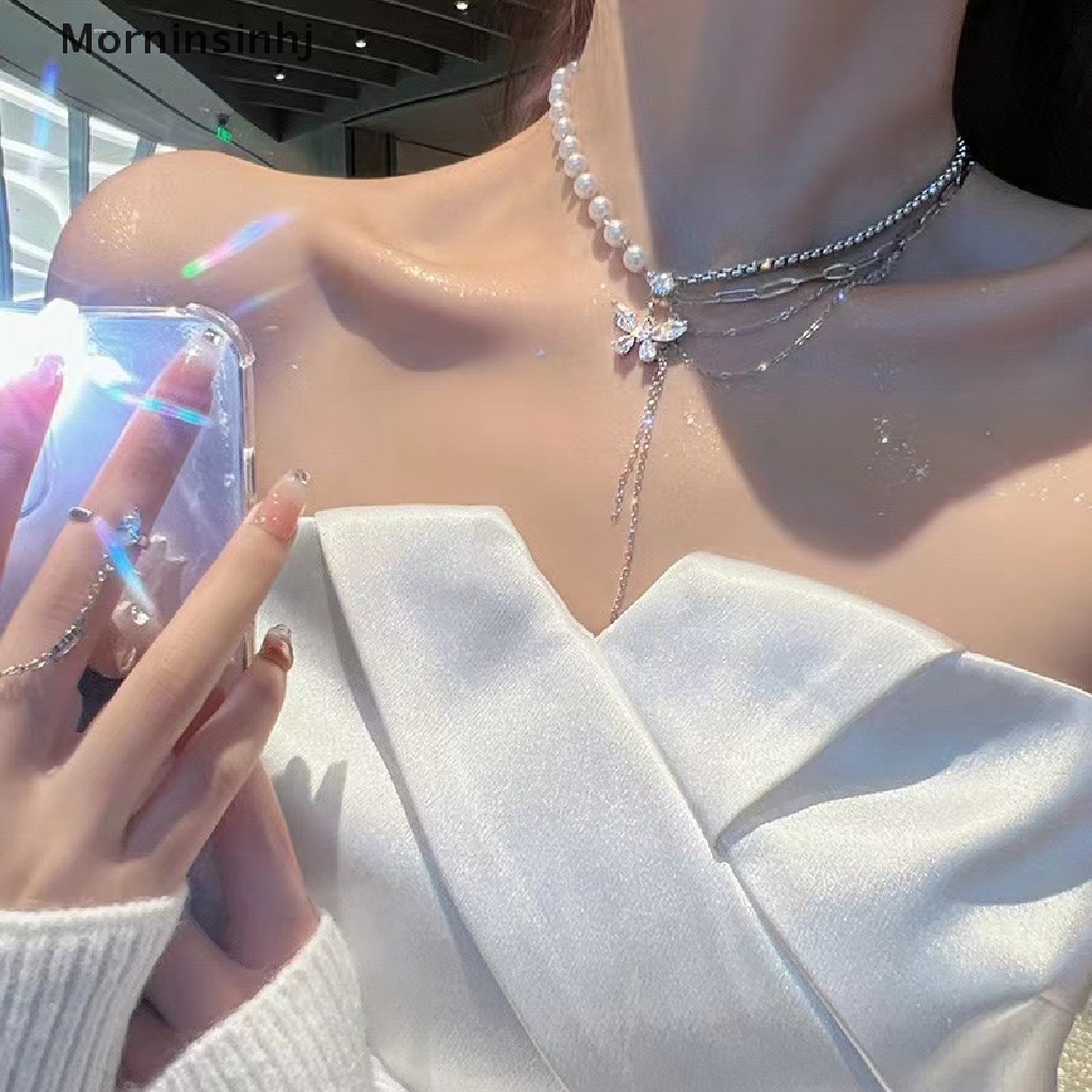 Mornin Shiny Crystal Butterfly Necklace Kalung Rantai Klavikula Mutiara Multi-layer Yang Indah Untuk Wanita2022Tren Perhiasan Aesthetic id