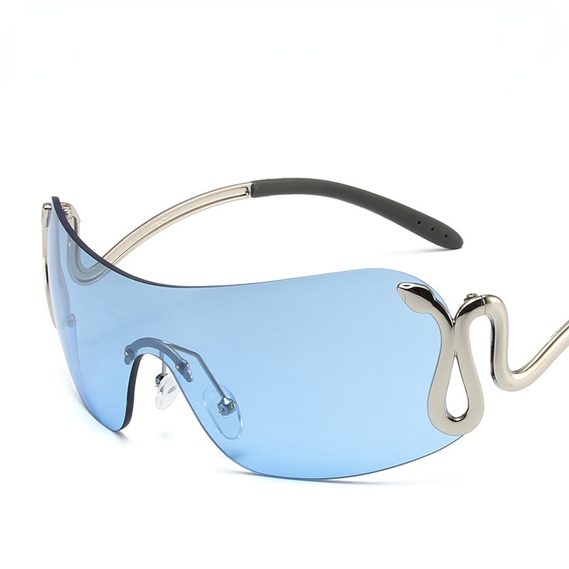 Kacamata Punk One-piece Rimless Silver Snake Bracket Sunglasses Pria Dan Wanita Model Tren Kacamata Foto Jalan