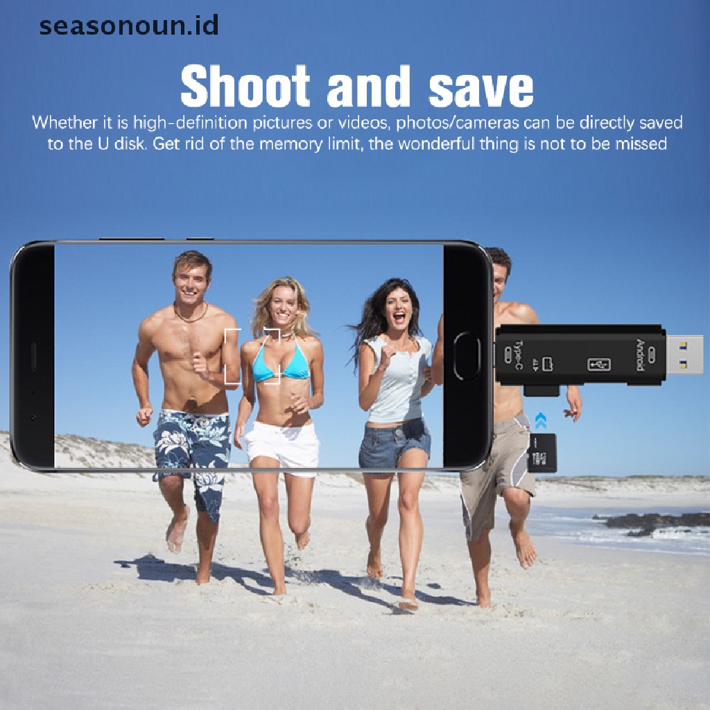 Seasonoun Telepon Ekstensi Komputer Header Aksesoris Adaptor Pembaca Kartu OTG Universal Kecepatan Tinggi 5in1 Usb 2.0 Tipe C/Usb/Micro Usb/Tf/SD Memory Card Reader.