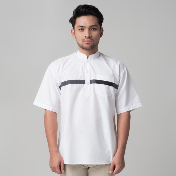 Benhill Baju Koko Pria Qurta Kurta Stripe Pendek White 29954-3211H