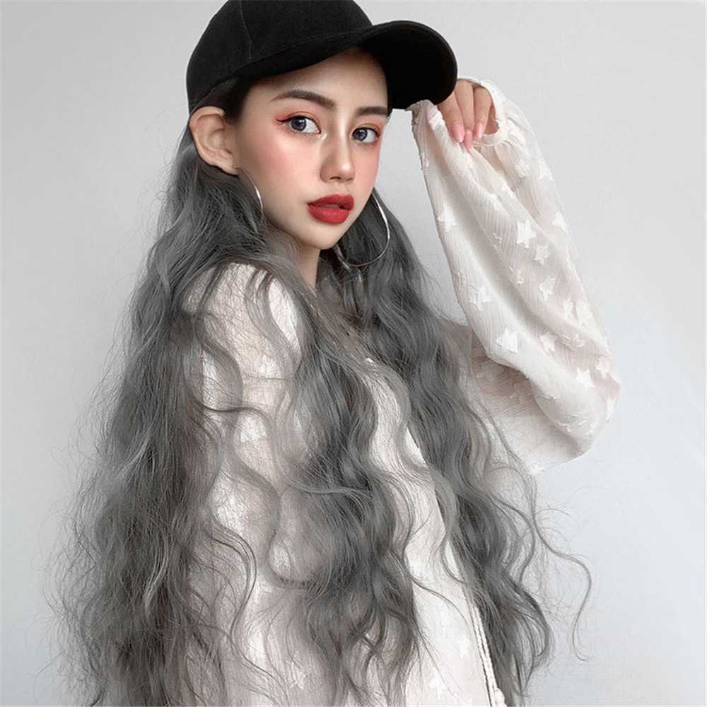 Korea Wig Panjang Topi Baseball One-piece Curly Wig Wanita Perempuan Besar Bergelombang Ekstensi Rambut 65cm