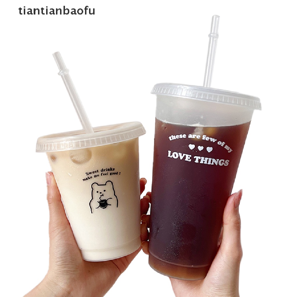 [tiantianbaofu] Botol Air Minum Jus Kopi Susu Teh Kawaii Gelas Dingin Plastik Dengan Tutup Sedotan Butik