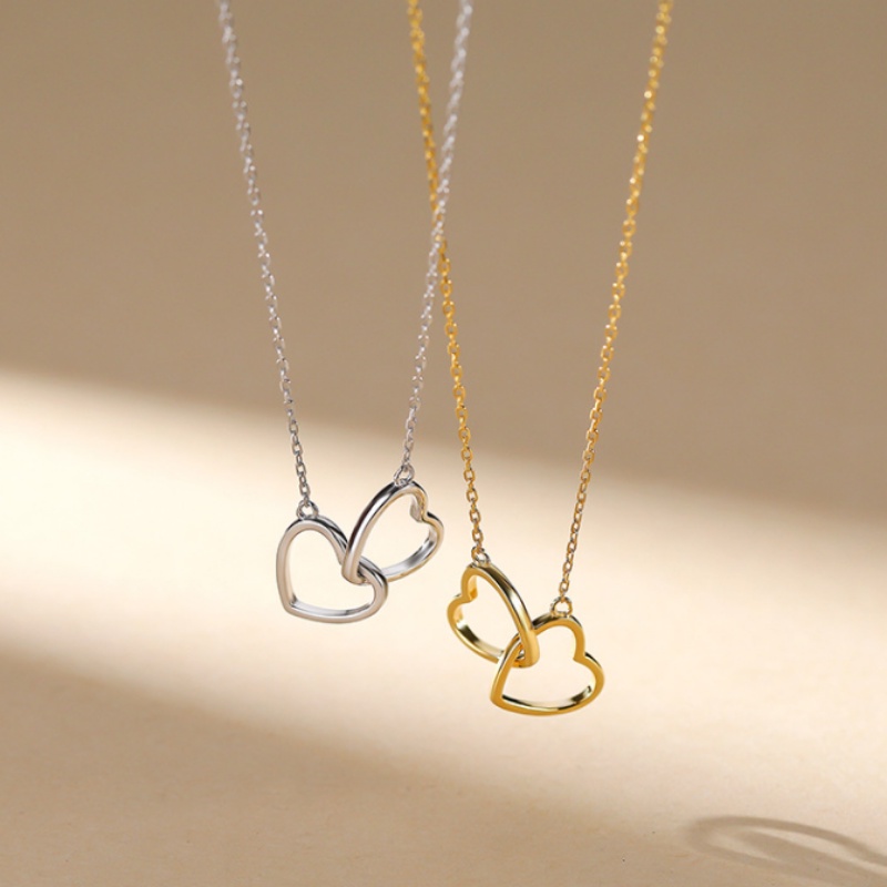 Kami Bunga Trendi Glossy Perak Ganda Hati Liontin Kalung Untuk Wanita Gadis Fashion Hati Ke Hati Pesona Kalung Tulang Selangka Rantai Perhiasan Hadiah