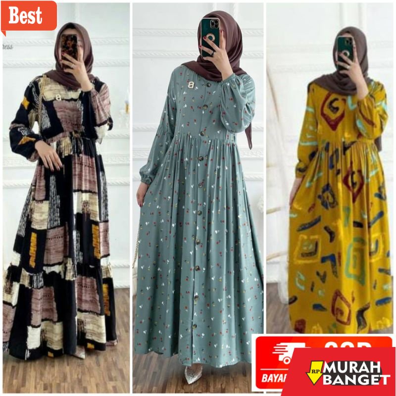 Tren baju lebaran wanita 2023- Gamis Rayon /  homedress Rayon / Busui Friendly / gamis Rayon motif/ 