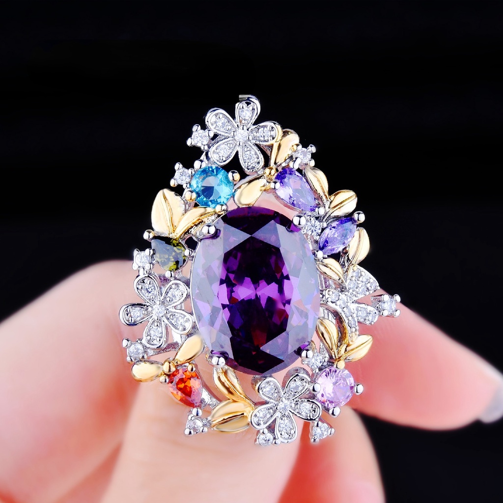 Goldkingdom Fashion Perhiasan Aksesoris Ready Stock Italia Duawarna Kerajinan Emas Asli Kadar 375 Rahasia Taman Liontin Mewah Penuh Berlian Amethyst Cincin Bunga Terang Anting