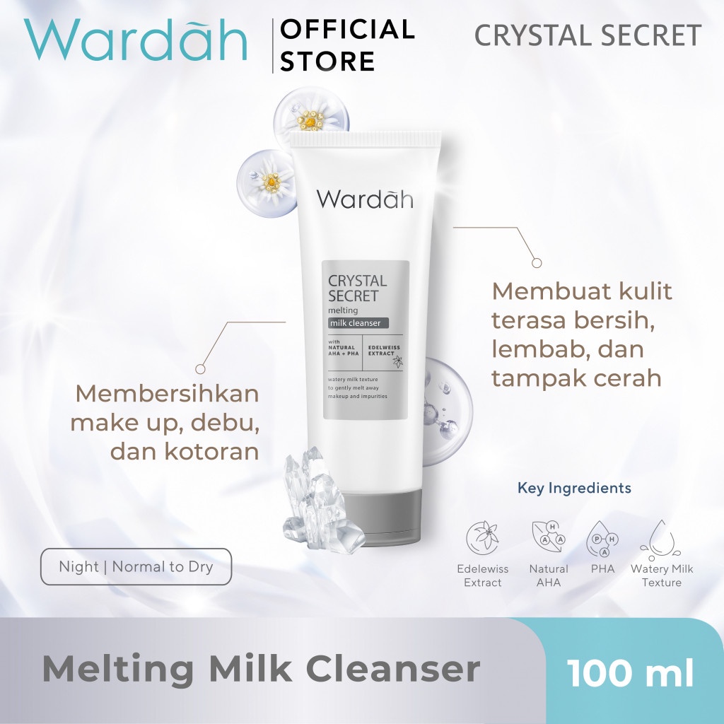 WARDAH Crystal Secret Melting Milk Cleanser Indonesia / Pembersih Wajah 100ml / With Natural AHA + PHA Edelweiss Extract / Watery Milk Texture To Gently Melt Away Makeup And Impurities Facial Wash Foam Cleansing Sabun Cuci Muka / Skincare Face Care Series