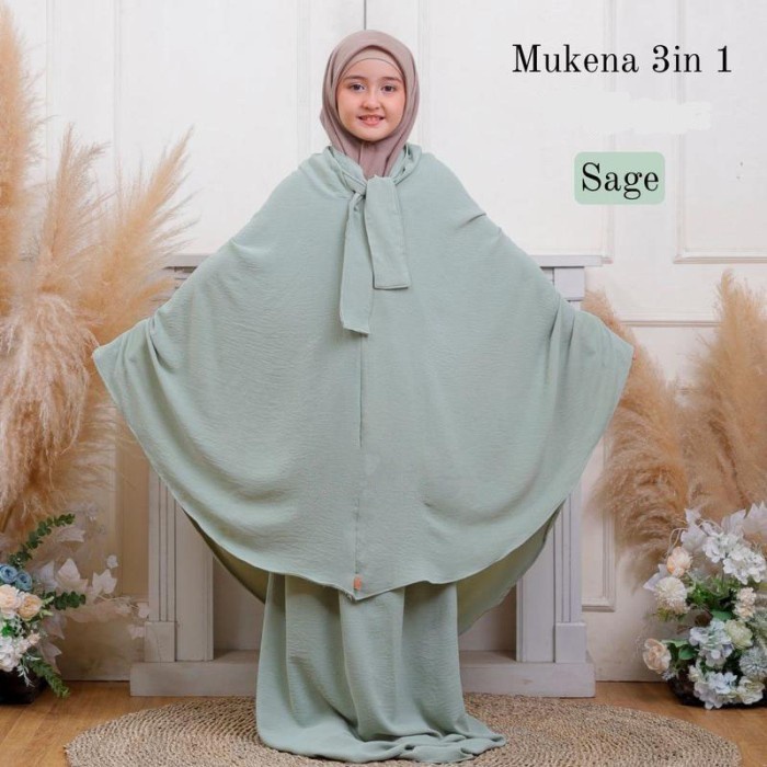 HUMASYARI - Mukena CRINKLE KIDS 3in 1 Hasna Mukena Kids Premium Broken White Hitam / Mukena Anak Kek