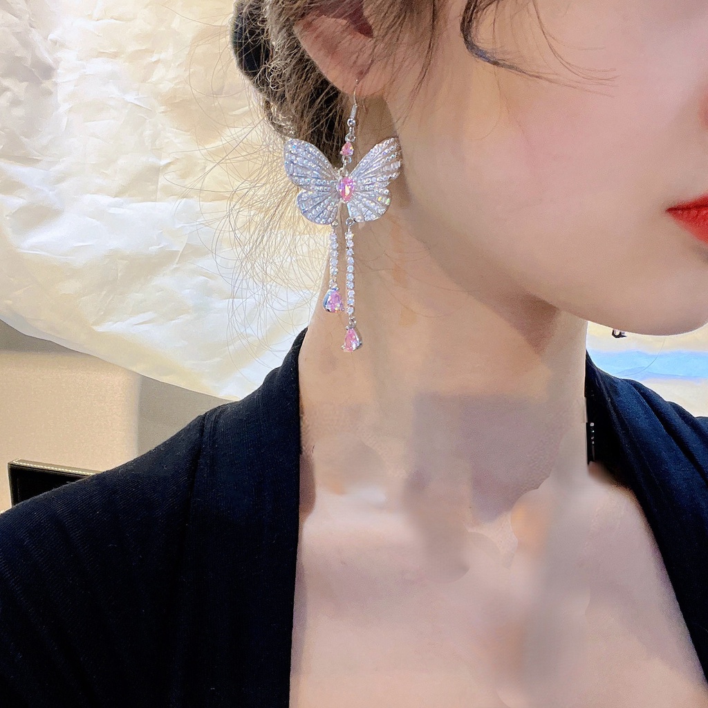 Goldkingdom Fashion Perhiasan Aksesoris Ready Stock Cahaya Mewah Dan Senior Rasa Peri Super Peri Kupu-Kupu Peri Perempuan Anting Panjang Liontin