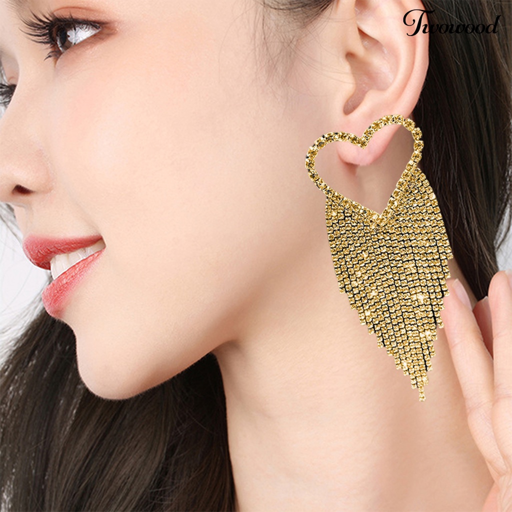 Twowood 1pasang Drop Earrings Bersinar Rumbai Panjang Glitter Semua Pertandingan Anti-Alergi Dekorasi Telinga Gaya Korea Temperamen Cinta Hati Penuh Berlian Imitasi Ear Studs Menjuntai Earrings