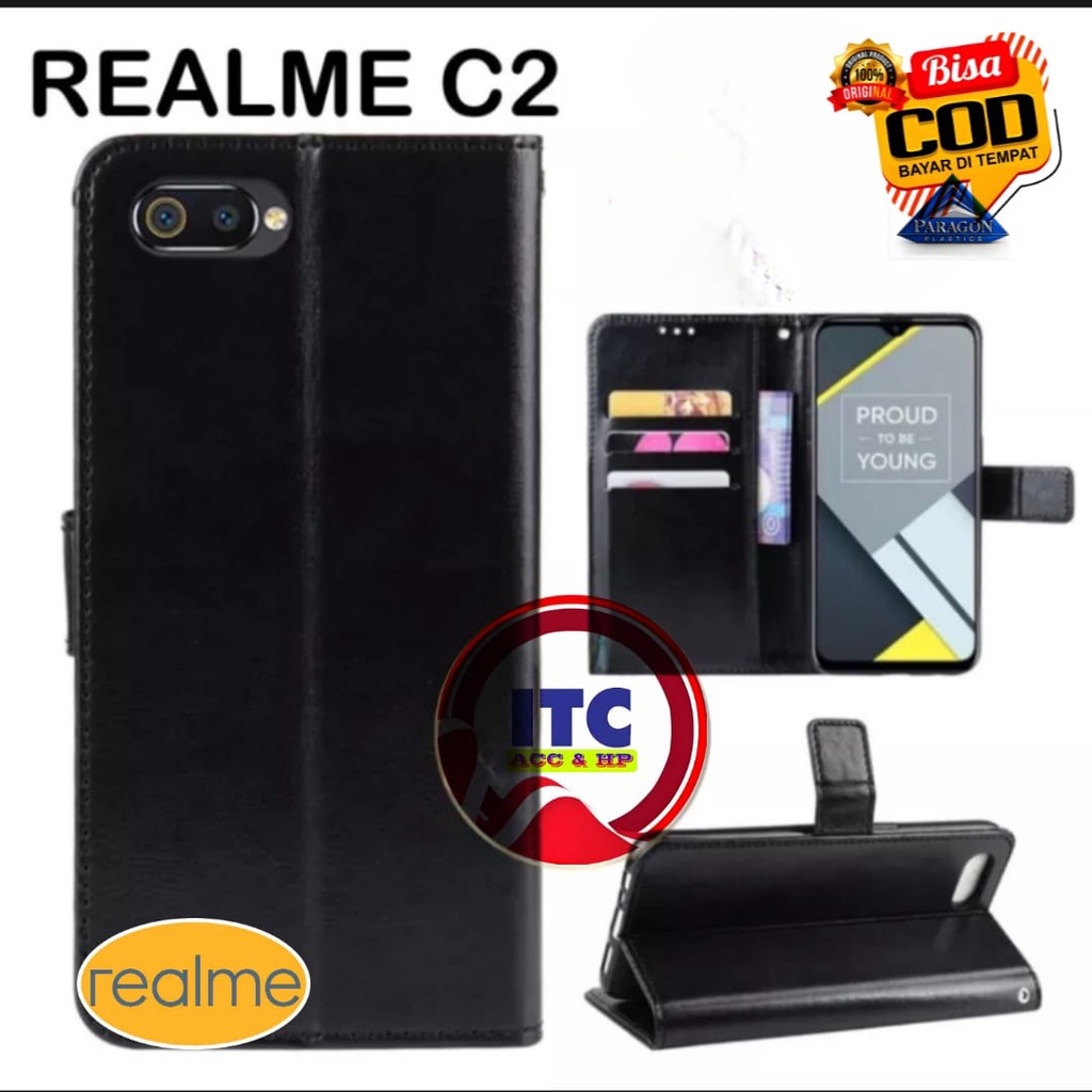 CASE PREMIUM FLIP KULIT DOMPET TYPE HP REALME C2 A1K DOMPET- FLIP COVER LEATHER-SARUNG HP PREMIUM LE