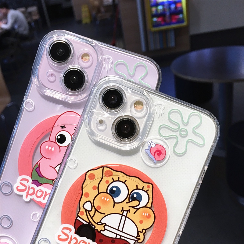 IPHONE Untuk Iphone14 13 12 11 Pro Max Ponsel Transparan Magnetik Soft case Kartun Lucu Spongebob