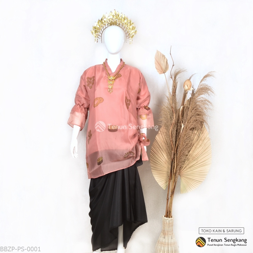 Baju Bodo Organza Modern Print Bugis Makassar Lengan Panjang Pink Gold - Tenun Sengkang BBZP-PG-0001  (Harga per Pcs)