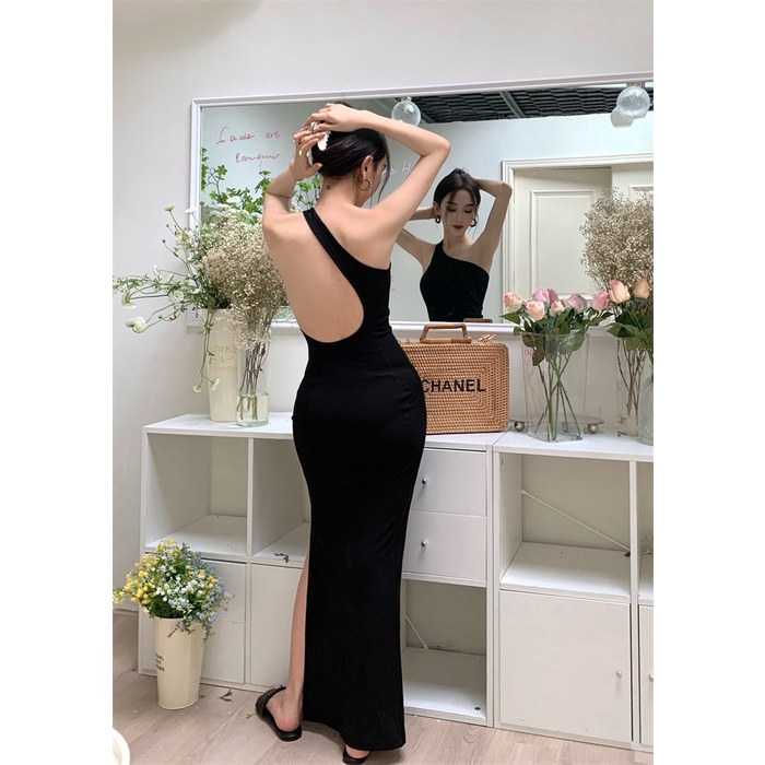 Red Seksi Backless Bahu Miring Gaun Wanita Musim Panas Rasa Desain Retro Hitam Rok Panjang Keinginan Murni Pinggang Tinggi Celah Tas hip Rok