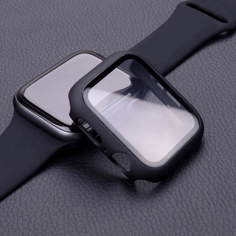 [In Stock] Tahan Air Pelindung Layar Kaca+Bumper Frame hard Case Untuk Apple watch Series7 6 SE 5 4 3 2 1 cover Tempered glass film iwatch 45mm 41mm 44mm 40mm 42mm 38mm Case