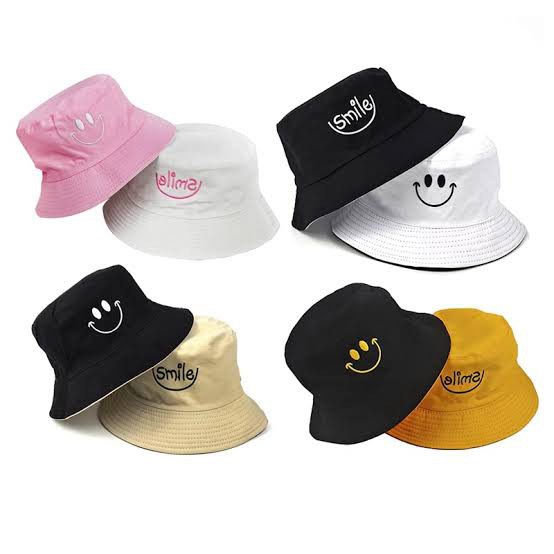 Topi Bucket Hats Bordir Smile Samping Pria Wanita Dua warna Kpop Korean Style Terbaru Murah
