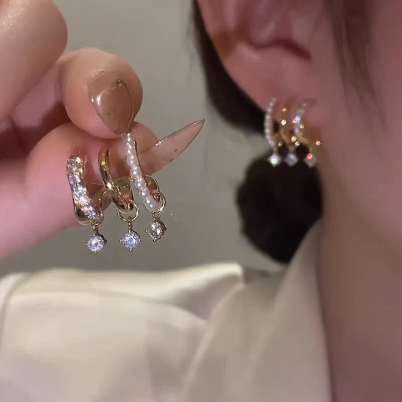 Korea Gaya Baru Zirkon Mutiara Multi-Layer Anting Geometris Untuk Wanita Kristal Menjuntai Anting Fashion Perhiasan Hadiah Pesta