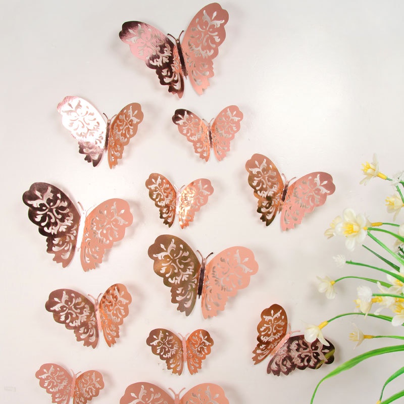 12pcs Kue Roti Dekorasi Kertas Kupu-Kupu Rosegold 3D Butterfly Stiker Removable Efek Cermin Wallpaper Glittering Party Art DIY Decals Pintu Jendela Kulkas Dekorasi