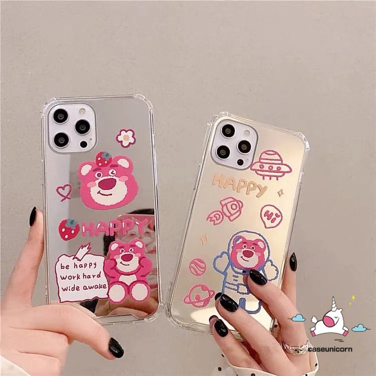 Casing Ponsel Manyo Kartun Strawberry Bear Lucu Imut Kompatibel Untuk iPhone 7plus XR 11 12 13 Pro MAX 7 8 Plus X XS MAX SE 2020 Lembut Jatuh Shockproof Make Up Mirror Back Cover