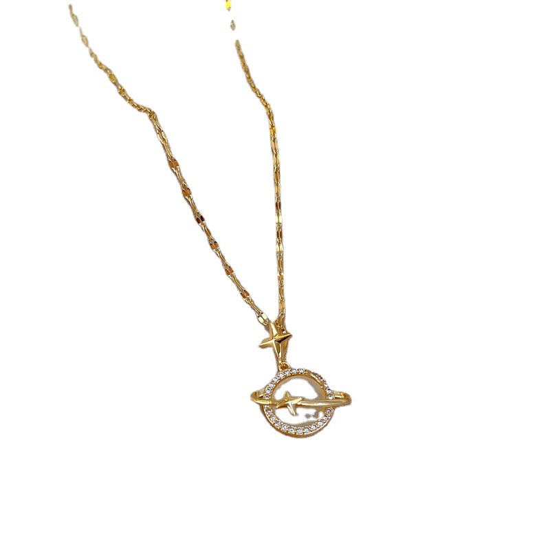 Kalung Wanita Baja Titanium Berlapis Emas 18k Opal Planet Pendant Necklace Rantai Klavikula Mewah Ringan