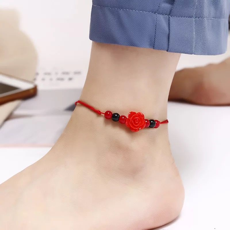 Gelang Kaki Hitam Tenun Tangan Siswa Sederhana Gelang Kaki Tali Merah Benming Tahun Bell Akik Retro Gelang Kaki