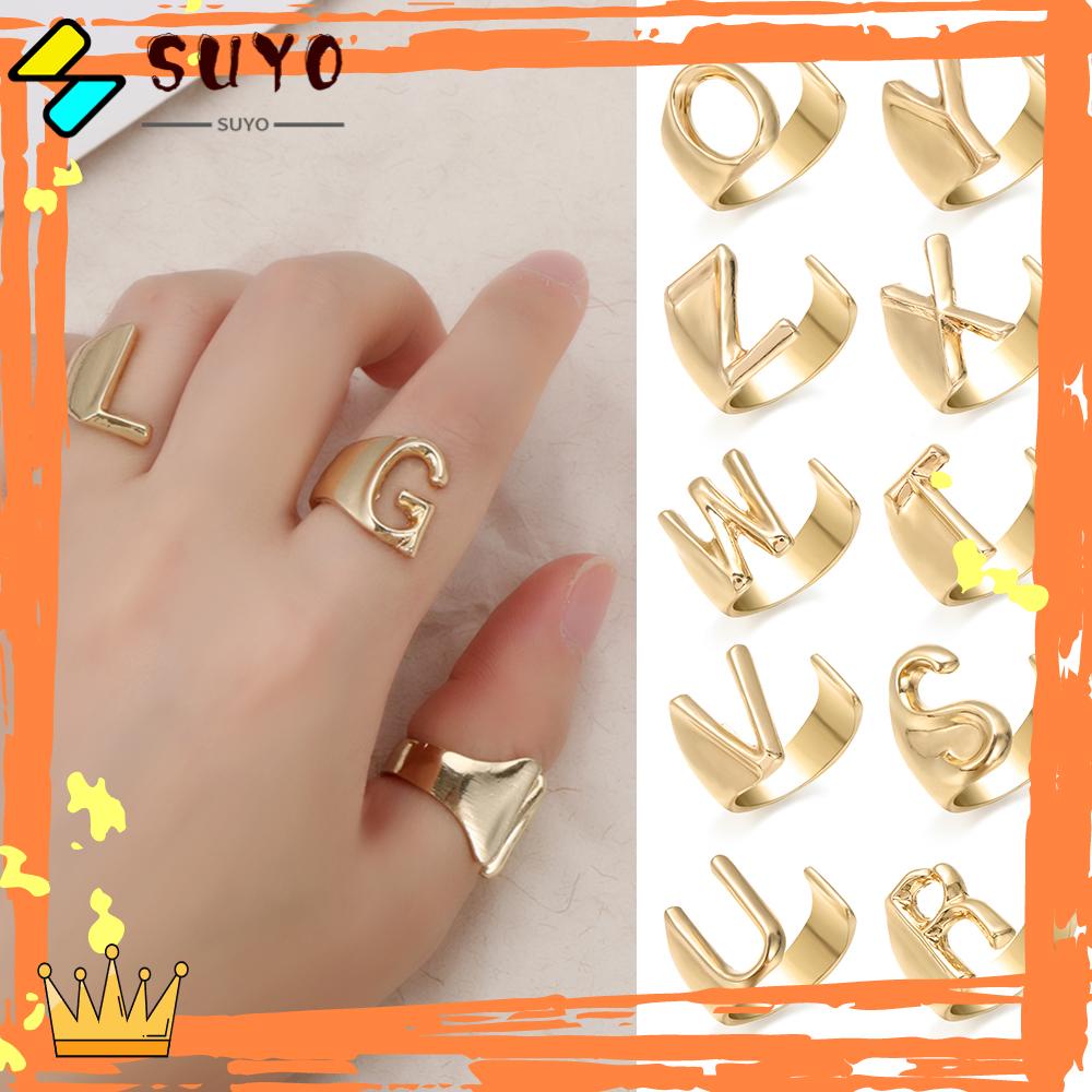 Suyo Opening Ring Unisex Warna Emas Hollow Alfabet A-Z