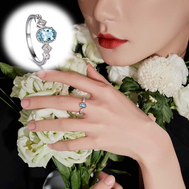 Elegan Biru Muda Zirkon S925 Sterling Silver Cocktail Wanita Fashion Perhiasan Baja Titanium Pernikahan Pertunangan Rings Adjustable Size