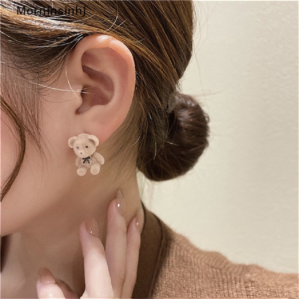 Mornin Cute Flocking Plush Rabbit Bear Stud Earrings Gadis Kawaii Anting Hewan Perhiasan id