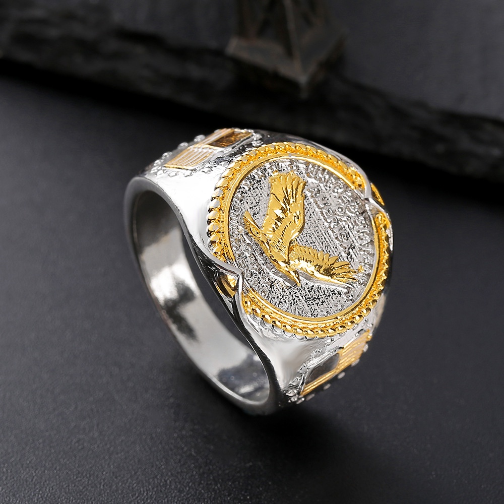 AMERICAN EAGLE Goldkingdom Fashion Perhiasan Aksesoris Ready Stock, Baru S925 Berlapis Perak Elang Cincin Elang Amerika Melambangkan Hip Hop Viking Elang Dua Warna Emas Asli Kadar 375 Kuning 18 K