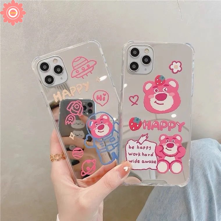 IPHONE Cermin Make Up Imut Strawberry Bear Manyo Case Kompatibel Untuk Iphone11 12 13 Pro MAX 7plus XR 78 Plus X XS MAX SE 2020 Lembut Jatuh Shockproof Back Cover