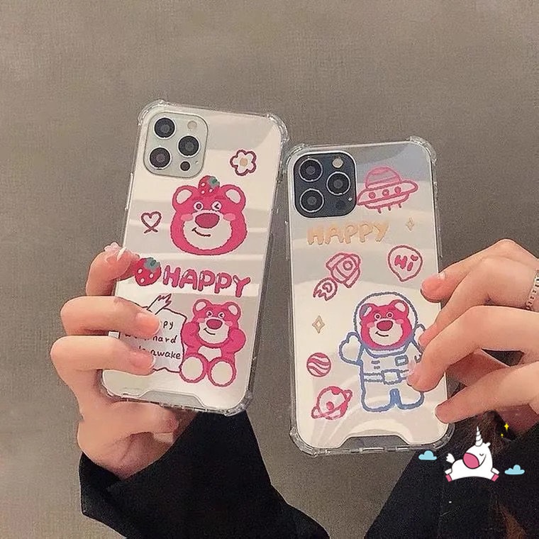 Casing Ponsel Manyo Kartun Strawberry Bear Lucu Imut Kompatibel Untuk iPhone 7plus XR 11 12 13 Pro MAX 7 8 Plus X XS MAX SE 2020 Lembut Jatuh Shockproof Make Up Mirror Back Cover