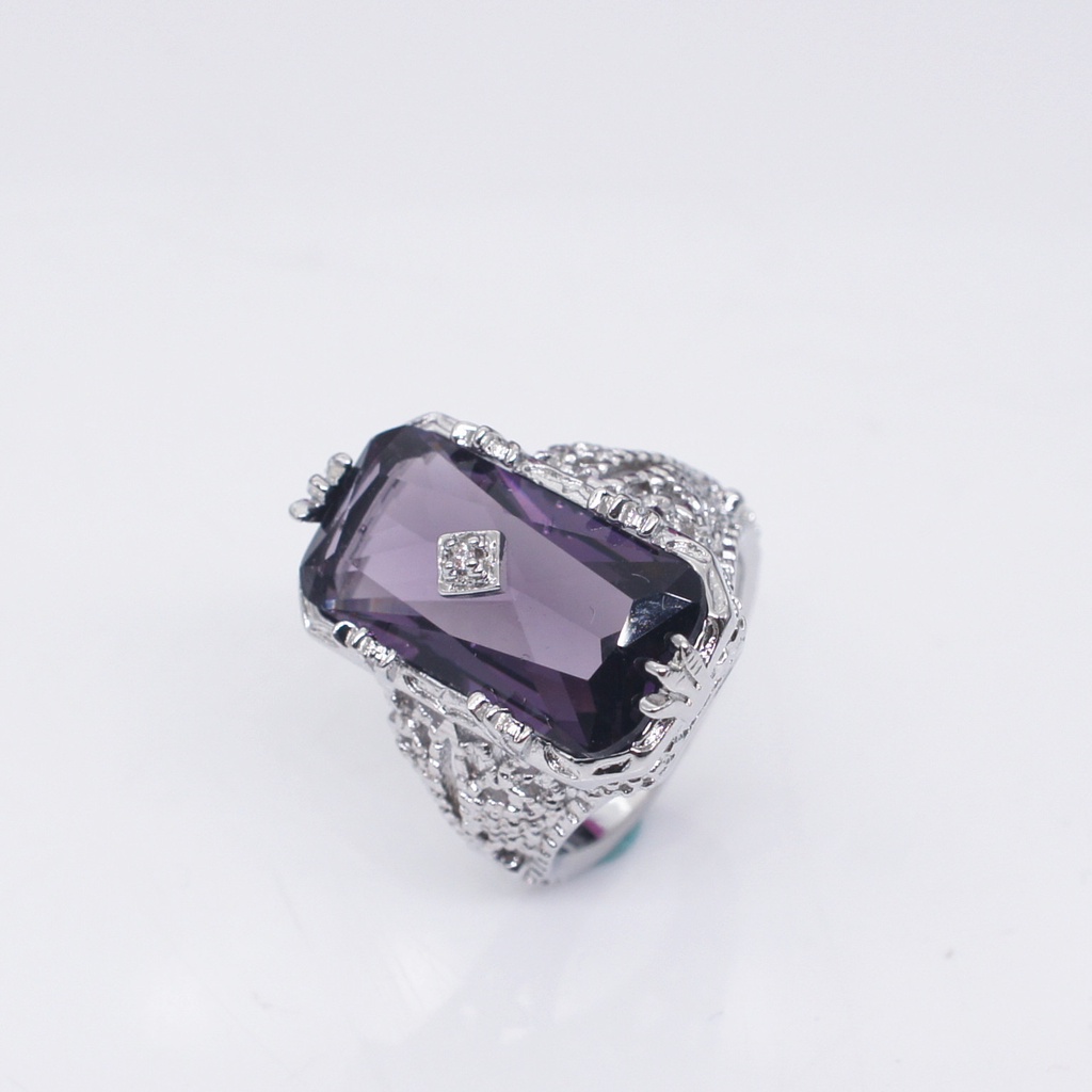 Goldkingdom Fashion Perhiasan Aksesoris Ready Stock Bertatahkan Chamfered Persegi Panjang Amethyst Putri Cincin Eropa Dan Amerika Melubangi Bunga Cincin Untuk Wanita