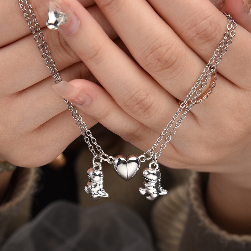 Wanita Pria Men Love Dinosaurus Couple Necklace/Kalung Liontin Hati Magnetik Link Rantai Perhiasan Pesta Persahabatan