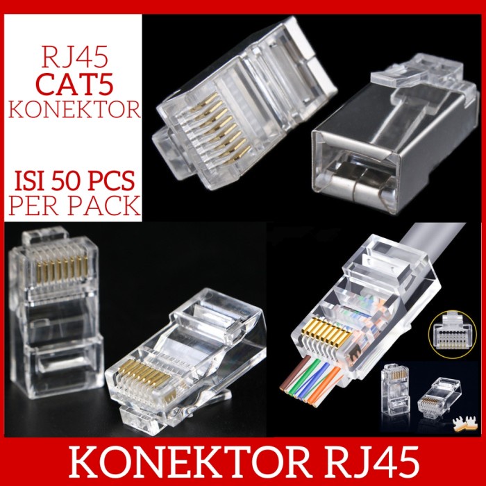 Isi 50 Pcs Konektor Kabel Jaringan RJ45 CAT5 Metal Shield / Anti Gagal