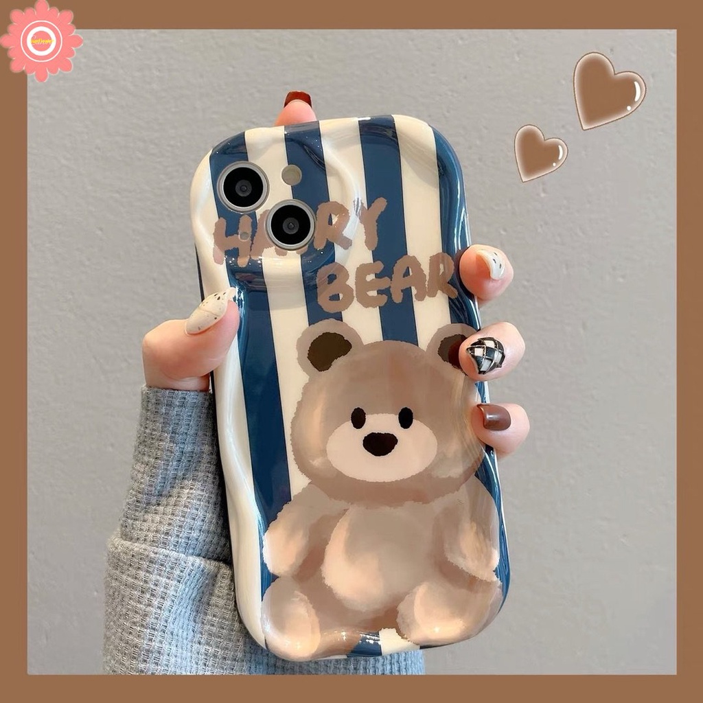 3d Wavy Curved Edge Cute Cartoon Bear Stripe Case Kompatibel Untuk iPhone 7Plus XR 6s 6 7 8 Plus 11 Pro Max 14 13 12 Pro Max X XS Max SE 2020 Tpu Lembut Airbag Glossy Shockproof Cover