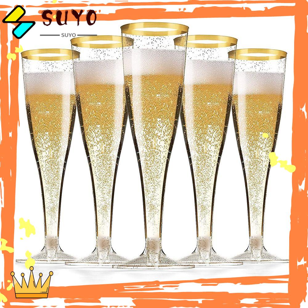 Suyo 10 Pcs Plastik Champagne Suling Tahun Baru Food Grade Transparan Daur Ulang Perlengkapan Pesta Pelek Emas Glitter Reusable