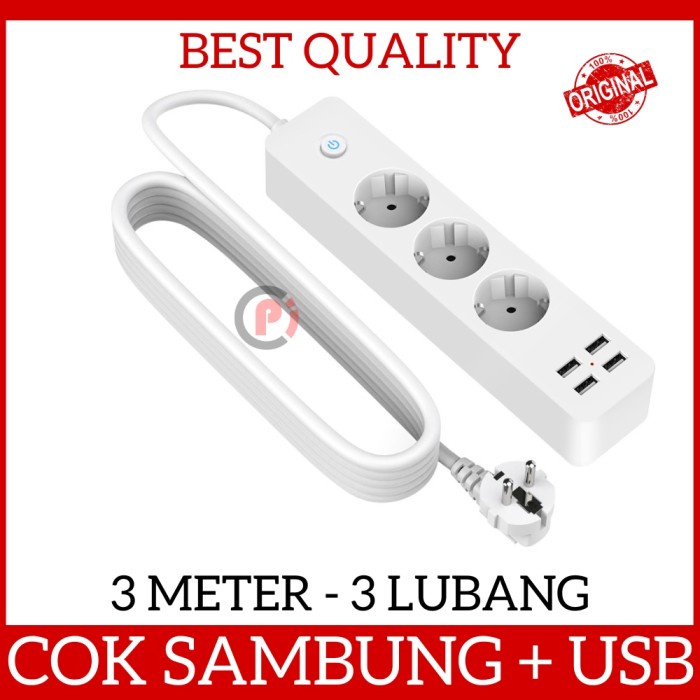 Cok Sambung 2 USB Port Power Strip Socket Extension 3 Lubang 3 Meter