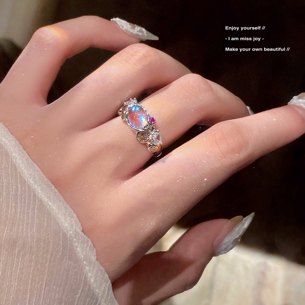 Cincin Silver Open Ring Colorful Moonstone Zircon Untuk Wanita Perhiasan Aksesoris Mewah