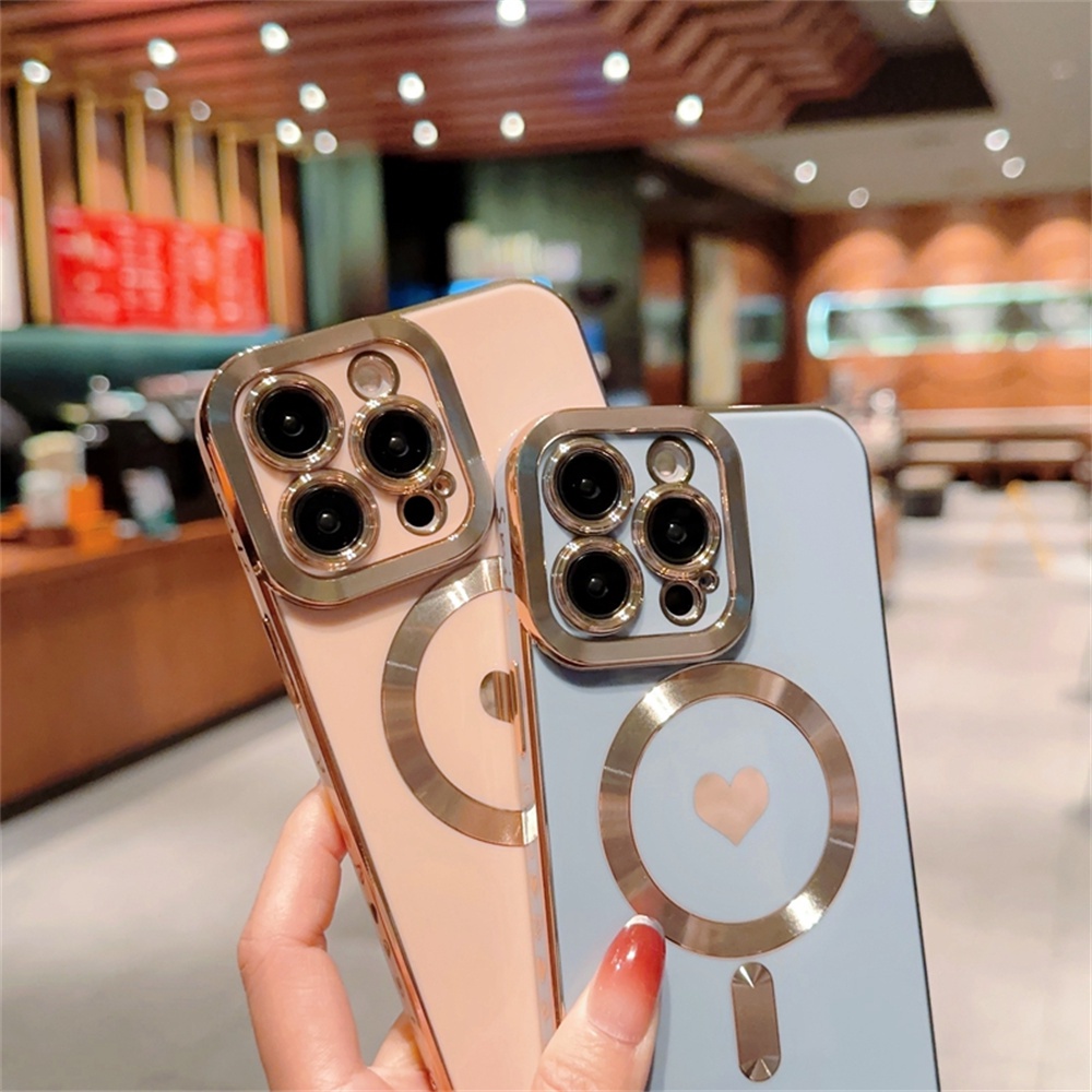 IPHONE Cinta Hati Soft Plating Case Untuk Iphone14 13 12 11 Pro Max Perlindungan Lensa Nirkabel Pengisian Shockproof Penutup Belakang
