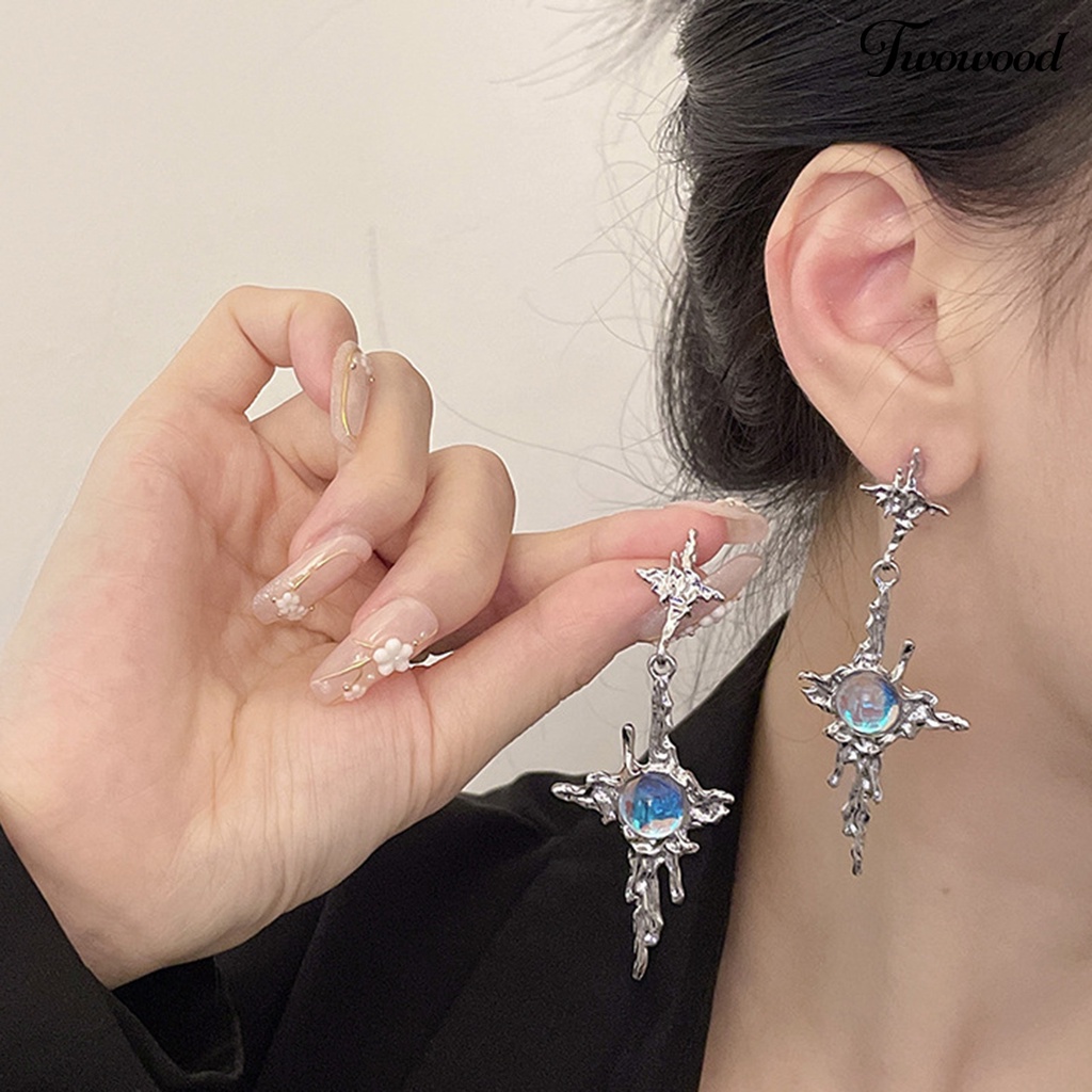 Twowood 1pasang Drop Earrings Tidak Teratur Logam Cair Panjang Rumbai Hip Hop Kilau Terang Hias Hadiah Wanita Salib Faux Moonstone Pendant Stud Earrings Perhiasan Aksesori Fashion