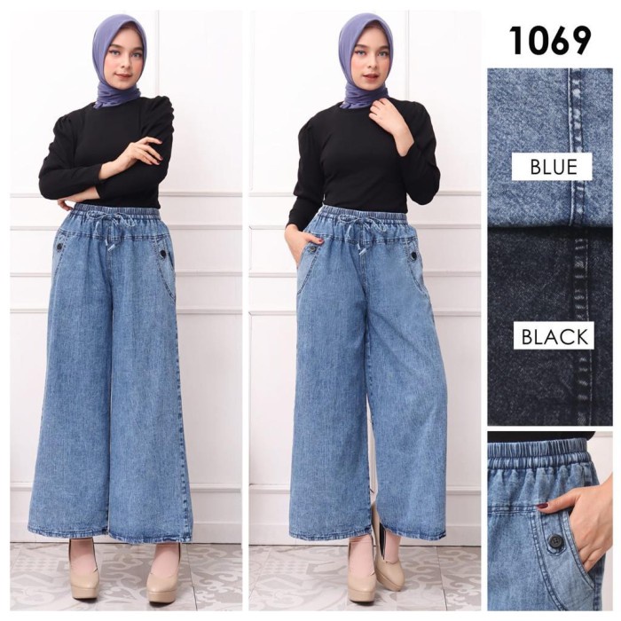 Bawahan Celana Kulot Wanita Jeans Karet Pinggang Premium Bagus