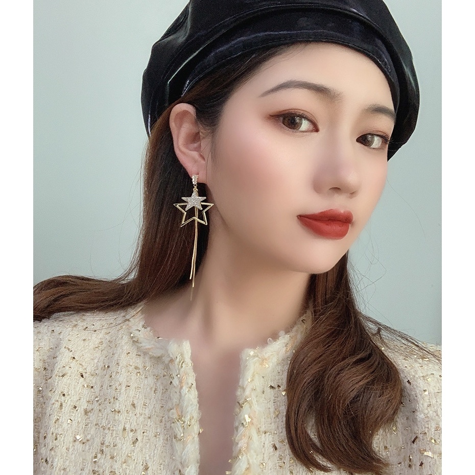 Bintang Berujung Lima Panjang Rumbai Anting-Anting High-End Berpayet Logam Berkelas Anting-Anting Menunjukkan Wajah Anting-Anting Tipis Perempuan S925 Perak Jarum