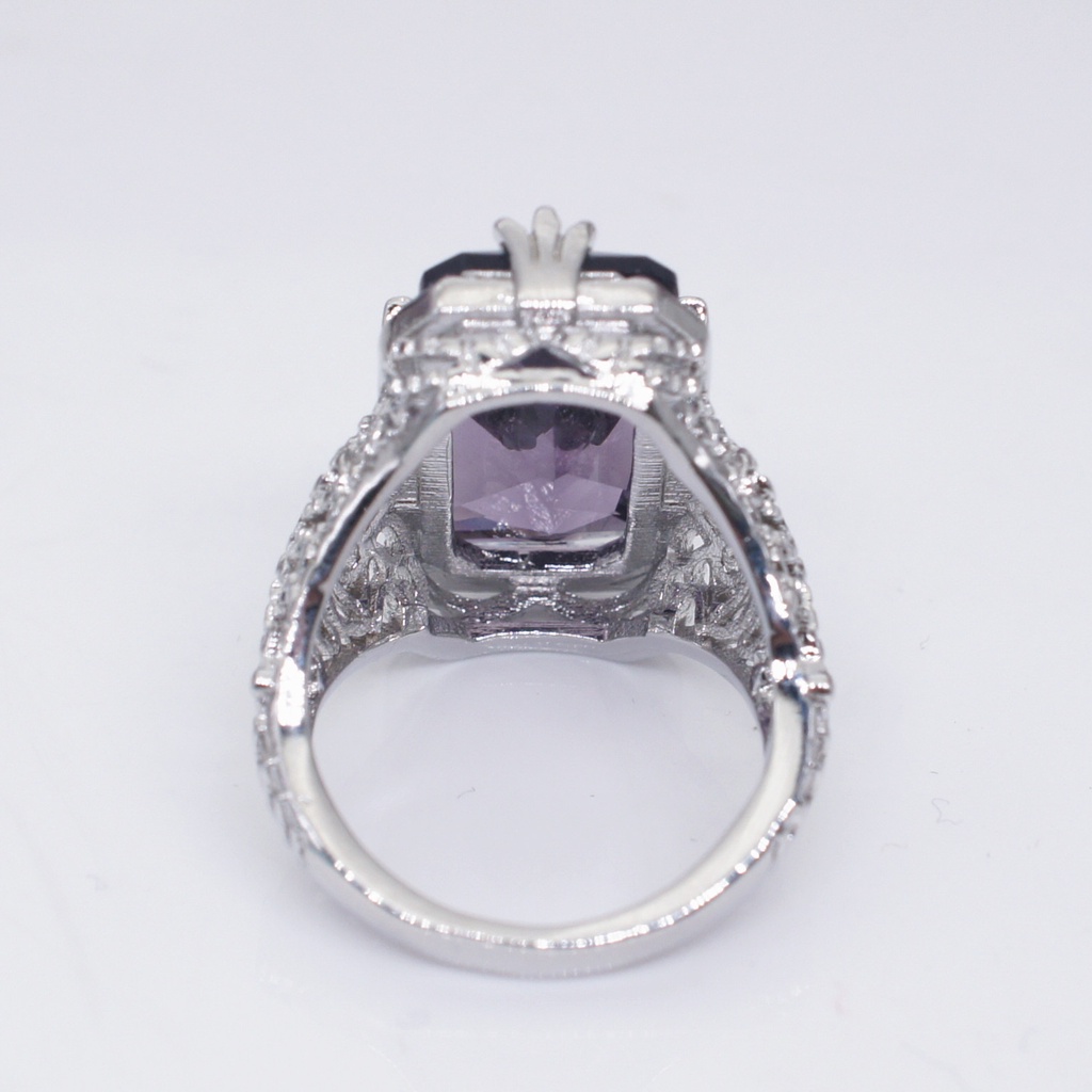 Goldkingdom Fashion Perhiasan Aksesoris Ready Stock Bertatahkan Chamfered Persegi Panjang Amethyst Putri Cincin Eropa Dan Amerika Melubangi Bunga Cincin Untuk Wanita