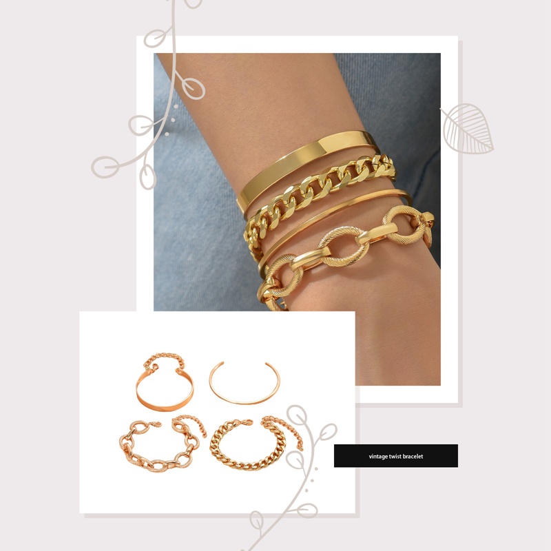 4 Pcs Punk Logam Berat Besar Tebal Rantai Gelang Set Wanita Retro Geometris Logam Memutar Rantai Gelang Fashion Perhiasan