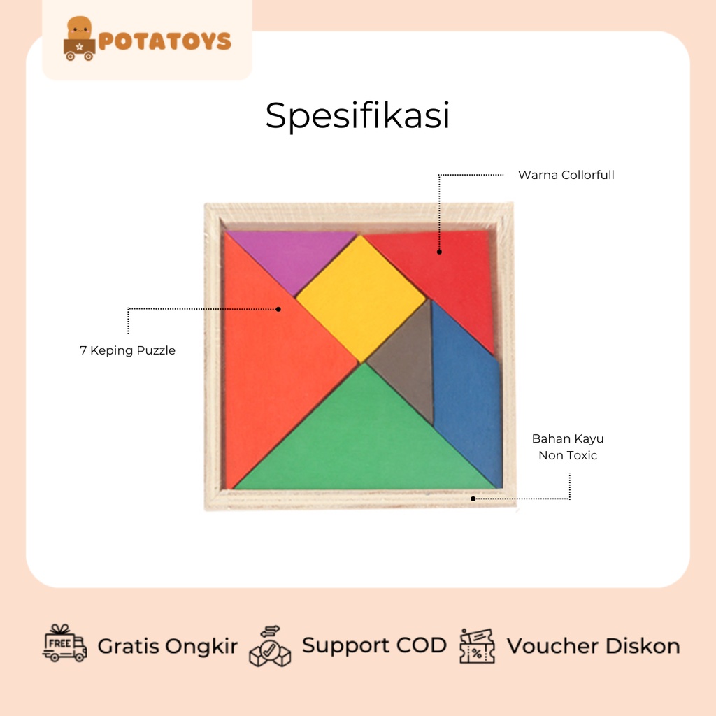 [ Potatoys ] Puzzle Tangram 7pcs / Mainan Edukasi Anak / Mainan Montessori / Pembelajaran Geometri / Game Puzzle Edukatif