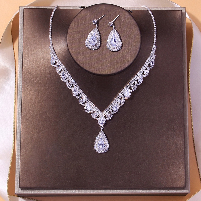 Fashion Bridesmaid Bridal Set Perhiasan Untuk Wanita Berlian Imitasi Kristal Kalung Anting Set Pernyataan Pernikahan Perhiasan Set