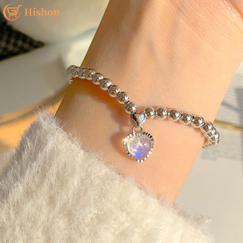 Gelang Hati Moonstone Sederhana Untuk Wanita Fashion Manik-Manik Logam Perak Rantai Bangle Aksesoris Perhiasan