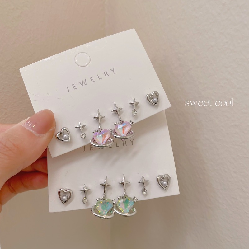 3pasang/set Anting Tusuk Fashion Berlian Imitasi Alloy Hati Bintang Untuk Wanita