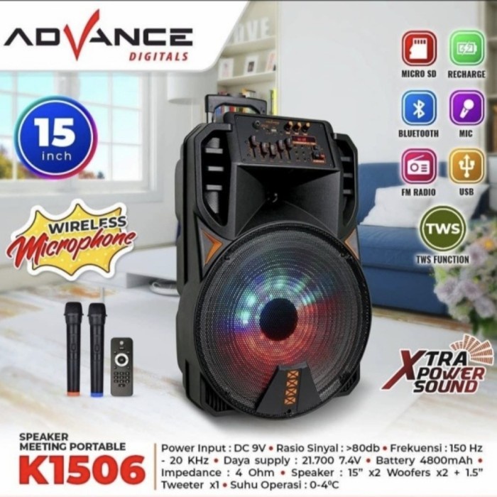 Speaker troli 15 inchi Advance K1506 Bluetooth 15 inch 2 Mic Wireless / K1503 Bluetooth 15 inch 2 Mi
