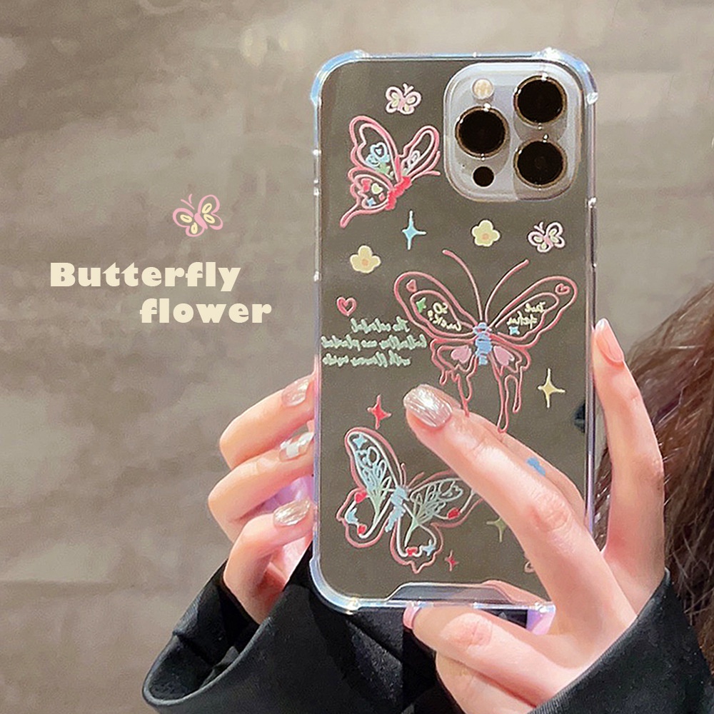 Ins Kupu-Kupu Bermain Dengan Bunga Make Up Cermin Transparan Case Untuk Iphone SE 2020 7 /8 Plus 14x XR XM 11 12 13 PRO MAX Casing Cover Pelindung AT0088
